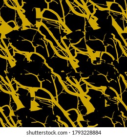 Ramas monocromas. Patrón sin foco. Fondo amarillo y negro. Ilustración vectorial.