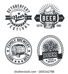 Monochrome brewery emblems set in vintage style with beer mug bottle cap hop cones wooden barrel with tap isolated vector illustration