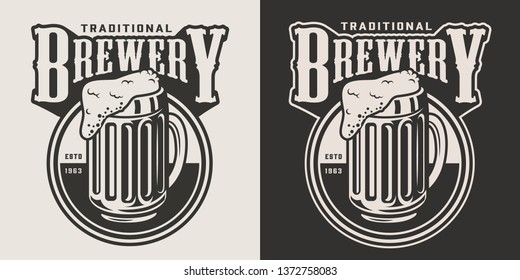 Monochrome brewery round emblem with mug of beer in vintage style isolated vector illustration
