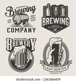 Monochrome brewery vintage emblems with brewing machine wooden cask mug of alcohol drink and male hand holding beer glass isolated vector illustration