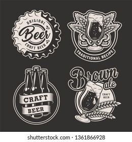 Monochrome brewing badges set with beer glasses bottles cap wheat ears pretzel in vintage style isolated vector illustration