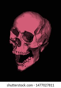 Monochrome bright red engraved drawing human skull open jaw perspective view isolated on black background