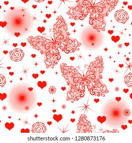 Monochrome bright red seamless valentine pattern on transparent background with hearts and butterflies, vector eps 8