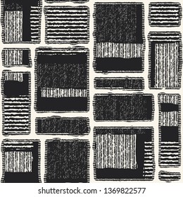 Monochrome Broken Blocks Graphic Motif Brushed Textured Background. Seamless Pattern.