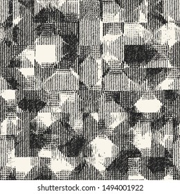 Monochrome Broken Geometric Complexity Textured Background. Seamless Pattern.