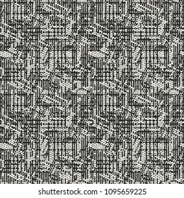 Monochrome Broken Graphic Motif Complexity Textured Background. Seamless Pattern.