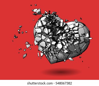 Monochrome broken heart with pen and ink drawing illustration style on red background