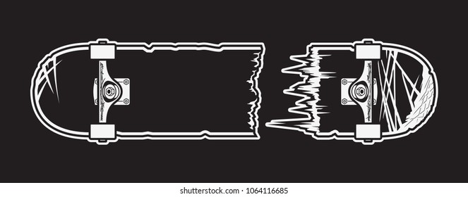 Monochrome broken skateboard design. Vector illustration.