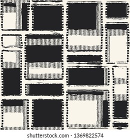 Monochrome Broken Variegated Textured Blocks Graphic Motif. Seamless Pattern.