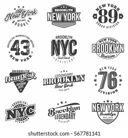 Monochrome Brooklyn, New York patches set, t-shirt graphics, typography, vector illustration