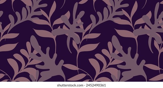 Monochrome brown seamless pattern with abstract simple large branches leaves. Vector hand drawn sketch. Minimalist creative shapes forms dark printing. Collage template for designs, textile, fabric