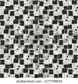 Monochrome Brush Stroke Checked Motif Distressed Textured Background. Seamless Pattern.