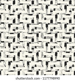 Monochrome Brush Stroke Maze Motif. Seamless Pattern.