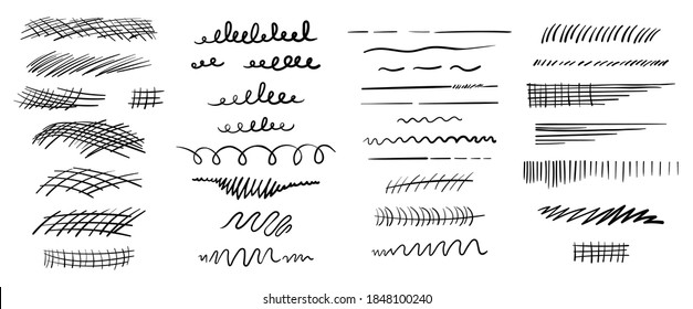 Monochrome brush stroke set, vector template isolated on white. Ink sketch brush black stencil. Hatching hand drawn texture set