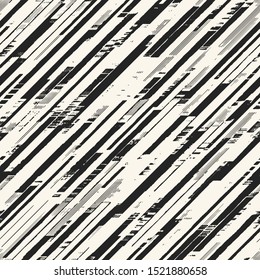 Monochrome Brushed Textured Broken Diagonal Stripes. Seamless Pattern.