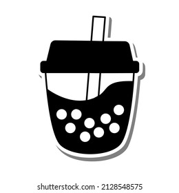 Monochrome Bubble Milk Tea on white silhouette and gray shadow. Hand drawn cartoon style. Vector illustration for decorate and any design.