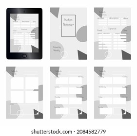 Monochrome Budget Planner template for App or print on paper Size A4.  Abstract colorless geometric background. Printable vertical notebook page. Week starts on Sunday and on Monday 