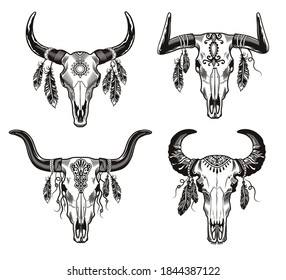 Monochrome bull skulls with feathers vector illustration set. Native American traditional symbol isolated on white background. Design elements for tattoo concept can be used for retro template