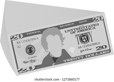 Monochrome Bunch of 20 US dollar banknote
