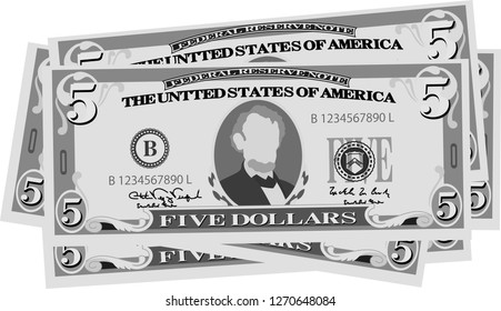 Monochrome Bunch of 5 US dollar banknote