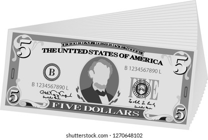 Monochrome Bunch of 5 US dollar banknote