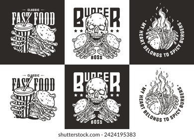 Monochrome burger vector set with burning skeleton with burgers in hands. Skull, fire and bones for logo, emblem, print of American food. Hamburger collection for restaurant or cafe.