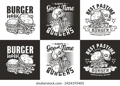 Monochrome Burger vector set with burning skeleton with burgers in hands. Skull, fire and bones for logo, emblem, print of American food. Hamburger collection for restaurant or cafe.