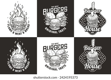 Monochrome burger vector set for logo of fast food. American food or hamburger collection for restaurant or cafe.