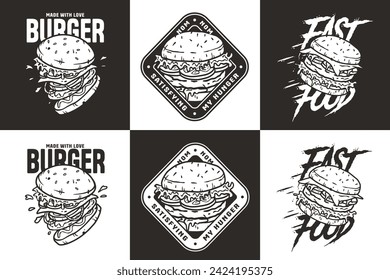 Monochrome Burger Vektor-Set für Logo von Fast Food. American Food oder Hamburger Sammlung für Restaurant oder Café.