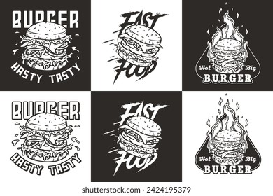 Monochrome burger vector set for logo of fast food. American food or hamburger collection for restaurant or cafe.