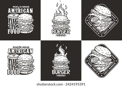 Conjunto de vector de hamburguesa monocromo para logotipo de comida rápida. Comida americana o colección de hamburguesas para restaurante o cafetería.