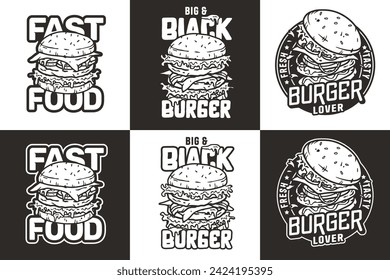 Monochrome burger vector set for logo of fast food. American food or hamburger collection for restaurant or cafe.