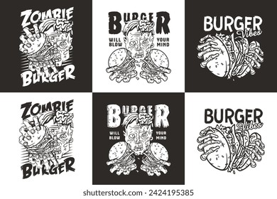 Monochrome burger vector set with zombie with burgers in hands for logo, emblem, print of American food. Zombie hamburger collection for restaurant or cafe.