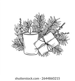 Monochrome burning candle in glass jar, tied gift, and pine branches vector composition painted by black inks. Christmas illustration for holiday cards, winter invitations, and cozy hygge designs.