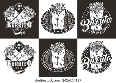 Monochrome burrito set mexican food vector with meat and vegetable for logo or emblem. Traditional burritos latin fast food collection.