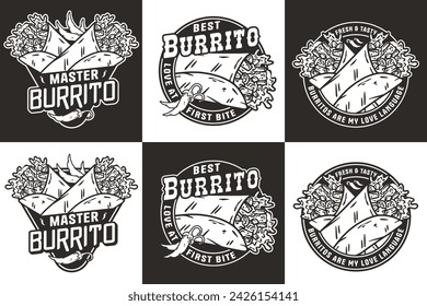 Monochrome burrito set mexican food vector with meat and vegetable for logo or emblem. Traditional burritos latin fast food collection.