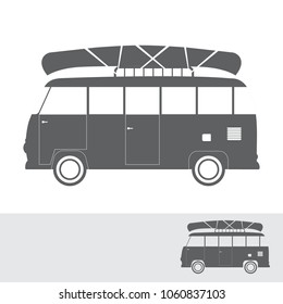 Monochrome bus for travel with canoe, vector illustration