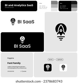 Monochrome business logo branding for BI and analytics SaaS. Rocket and lightbulb icon. Design element. Visual identity. Poppins font. Suitable for business intelligence, software, cloud computing.