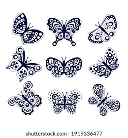 Monochrome Butterflies Collection, Black Winged Gorgeous Creatures Cartoon Vector Illustration