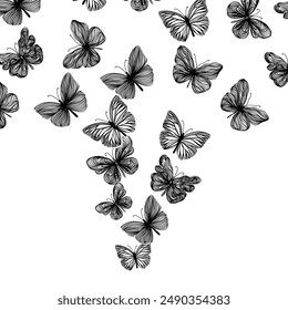 Monochrome butterflies flying. Hand drawing Line art. Not AI. Vector illustration.