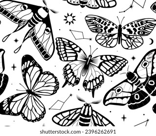 Monochrome butterflies seamless pattern. Repeating design element for printing on fabric. Nature and widlife. Elegance and aesthetics. Moth with wings. Cartoon flat vector illustration