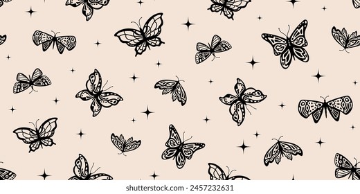 Monochrome butterflies vintage background. Silhouette insects and y2k stars, black graphics. Vector illustration in seventies style. Ink ornament. Fantasy garden, bohemian aesthetic