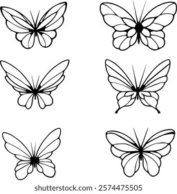 Monochrome butterfly black winged gorgeous insect set isolated vector illustration