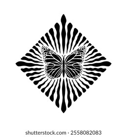 Monochrome butterfly design with radial lines in a diamond shape on white background.