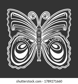 Monochrome butterfly vector image, retro style drawing. Isolated on black background.