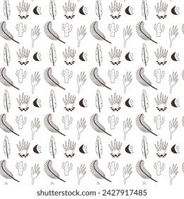 Monochrome cactus aloe desert plant seamless pattern. Botanical tropical leaves wallpaper background