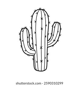 Monochrome Cactus Line Art, Minimalist Hand-Drawn Succulent Outline Vector, Simple Desert Plant Illustration for Western, Southwestern, and Botanical Design Concepts