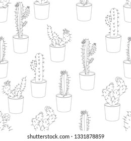 Monochrome cactus seamless pattern with line art concept. Set of home plant on pot seamless pattern.