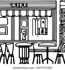 monochrome cafe outside black line art vector illustration Shop Building 