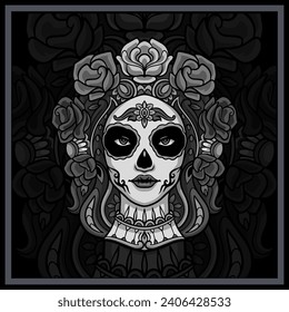 Monochrome Calavera girl head mandala arts.